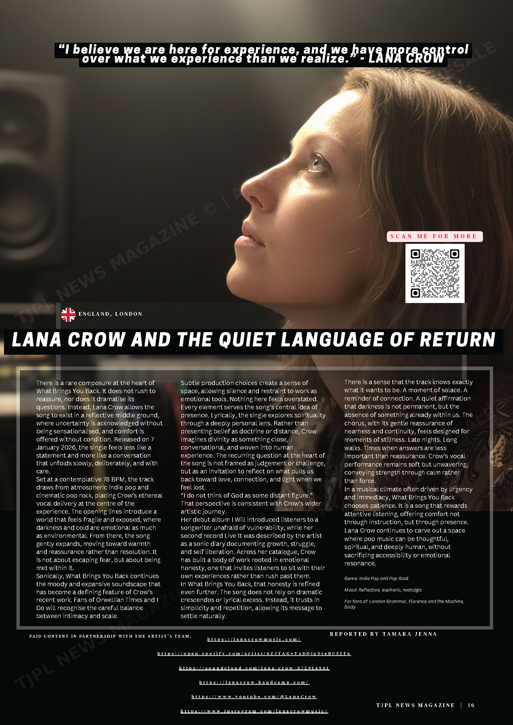 LANA CROW - TJPL NEWS MAGAZINE ISSUE 38 FEATURES PACK